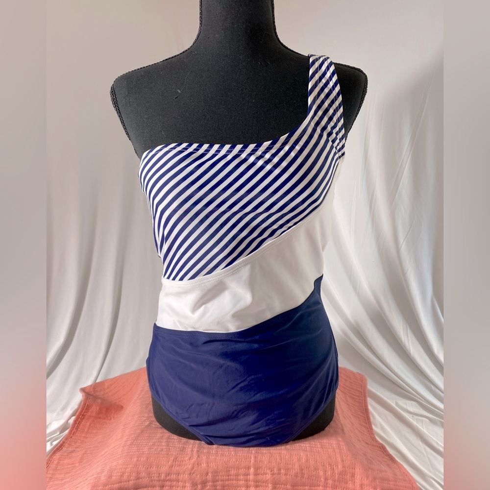 KONA SOL one piece Swimsuit, blue and white, size large